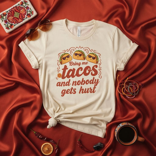 Bring Me Tacos And Nobody Gets Hurt Shirt, Funny Tacos Lover Unisex Tee, Cute Cartoon Taco Graphic Print, Mexican Food Humor T-Shirt, Foodie Gift Idea, Casual Fun Apparel Mexicada
