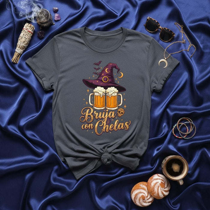 Bruja con Chelas Halloween Witch Beer T-Shirt - Funny Spooky Season Brewing Design, Mexican Spanish Party Tee for Women & Men, Dark Gray Shirt with Bats & Moon Art, Holiday Gift Idea Mexicada