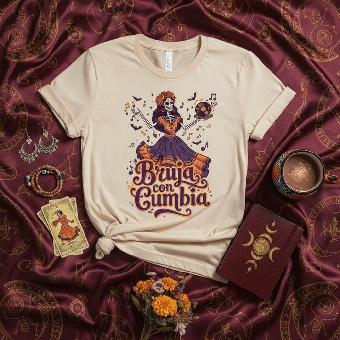 Bruja con Cumbia Dancing Skeleton Dia de Muertos T-Shirt, Sugar Skull DJ Woman, Halloween Latin Music Fiesta Shirt, Folklorico Dancer Tee, Day of the Dead Shirt Mexicada