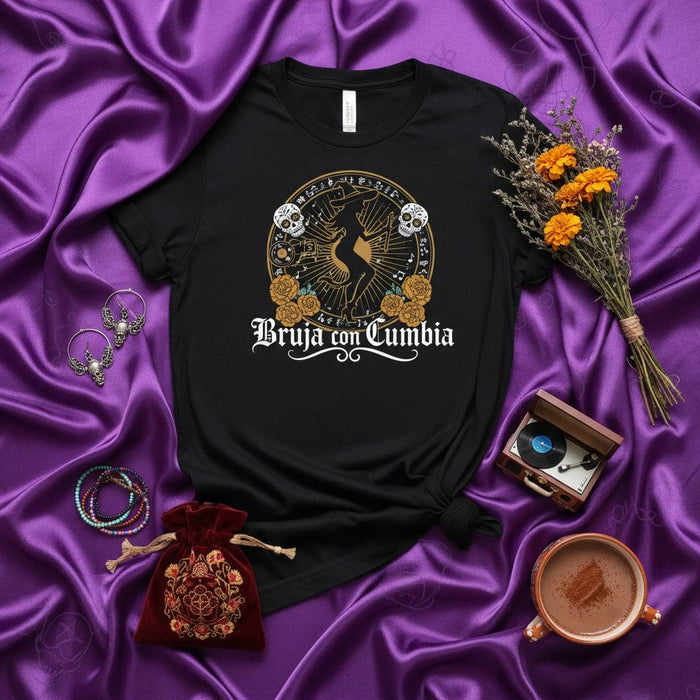 Bruja con Cumbia T-Shirt, Cumbia Witch Tee, Latina Halloween Shirt, Day of the Dead Skulls and Roses Graphic T-shirt, Hispanic Dancing Apparel, Mystical Folkloric Design Mexicada