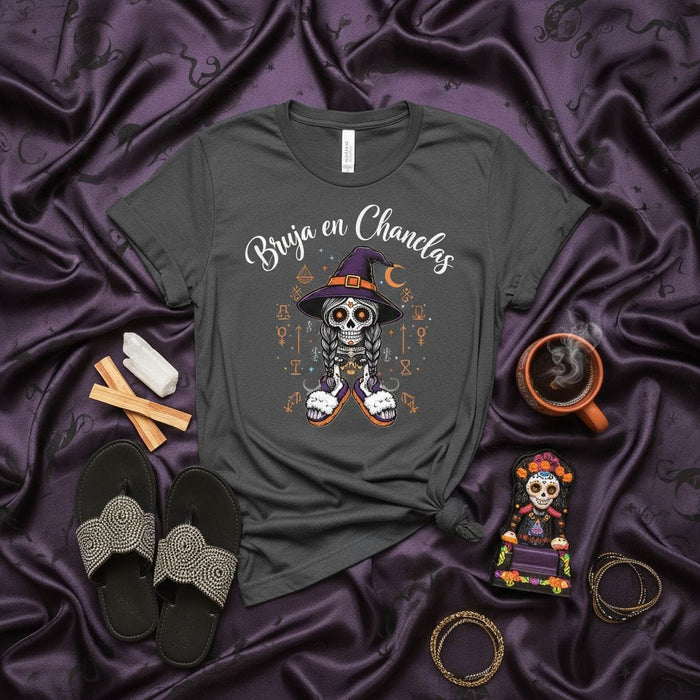 Bruja en Chanclas Sugar Skull Witch T-Shirt, Día de Muertos Halloween Tee, Latina Witch Wearing Slippers, Spooky Season Graphic Shirt for Women & Men Mexicada