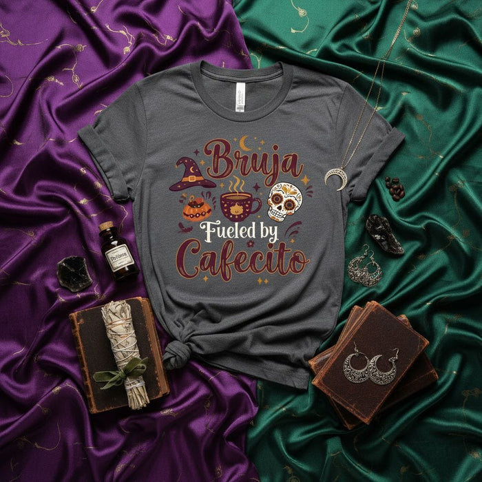 Bruja Fueled by Cafecito Halloween T-Shirt, Spanglish Witch Coffee Sugar Skull Tee, Latina Fall Shirt, Day of the Dead Shirt, Gift for Coffee Lover, Hispanic Heritage Month Top Mexicada