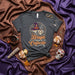 Bruja Fueled By Cafecito T-Shirt: Halloween Spooky Coffee Witch Shirt with Skulls and Hat, Spanish Phrase Tee, Fall Dia de Muertos Inspired Gift Mexicada