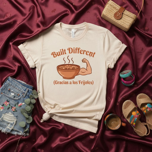 Built Different (Gracias a los Frijoles) T-Shirt, Funny Bean Power Shirt, Strength Fitness Humor, Unisex Latinx Foodie Graphic Tee Mexicada