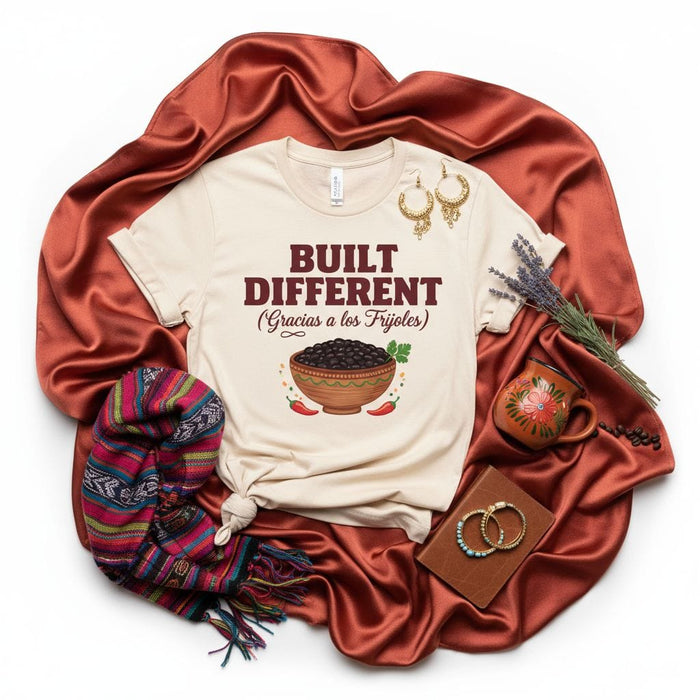 Built Different (Gracias a los Frijoles) T-Shirt, Funny Hispanic Food Tee, Black Beans Bowl Shirt, Unique Latino Heritage Gift, Unisex Graphic Top Mexicada