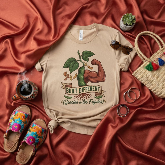 Built Different (Gracias a los Frijoles) Unisex T-Shirt - Funny Vegan Muscle Tee, Plant-Based Strength Shirt with Soybean Arm, Workout Motivation Gift for Bean Lovers Mexicada