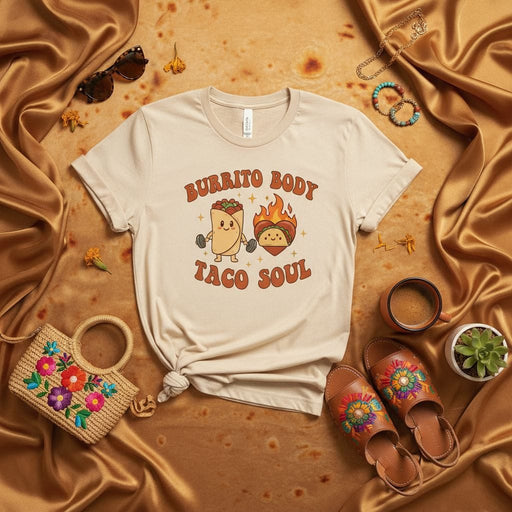 Burrito Body Taco Soul Shirt, Funny Mexican Food Tee, Retro Foodie Graphic T-Shirt, Cute Burrito and Taco Fitness Gym Humor, Unisex T-shirt Gift Idea Mexicada