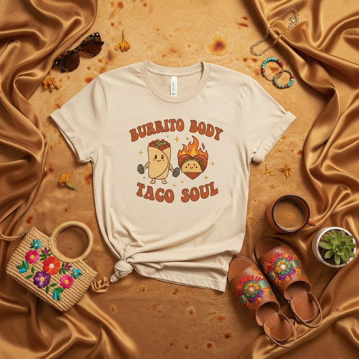 Burrito Body Taco Soul Shirt, Funny Mexican Food Tee, Retro Foodie Graphic T-Shirt, Cute Burrito and Taco Fitness Gym Humor, Unisex T-shirt Gift Idea Mexicada
