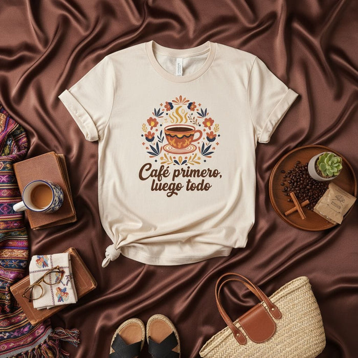 Café primero, luego todo T-Shirt, Spanish Coffee Lover Tee, Floral Mug Design, Latinx Gift, Unisex Espresso Shirt, Cute Graphic T-Shirt Mexicada