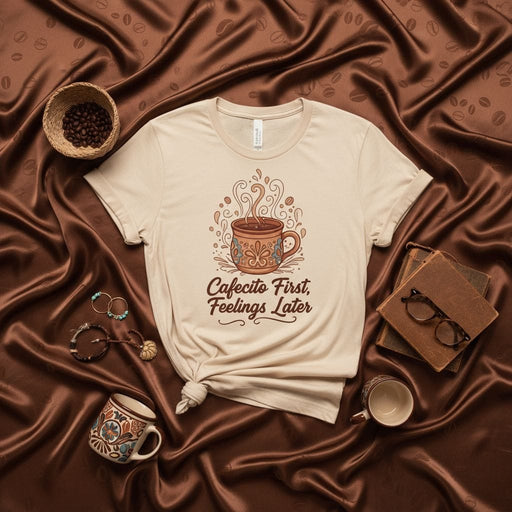 Cafecito First Feelings Later T-Shirt Coffee Lover Gift Latte Mug Espresso Tee Unisex Apparel Caffeine Graphic Shirt Mexicada