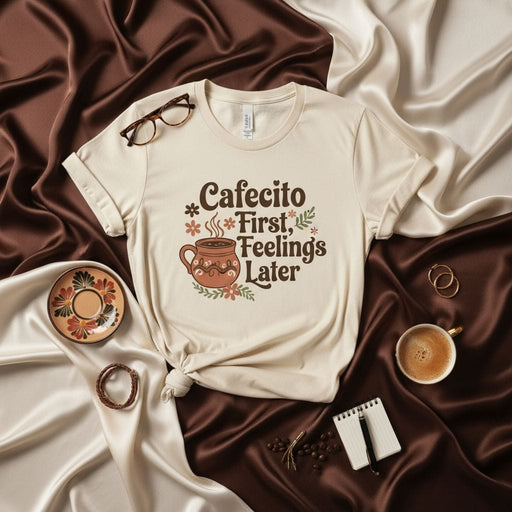Cafecito First Feelings Later T-Shirt, Cute Retro Coffee Lover Tee, Spanish Spanglish Caffeine Mug Graphic Shirt, Unisex Gift for Coffee Drinkers Mexicada