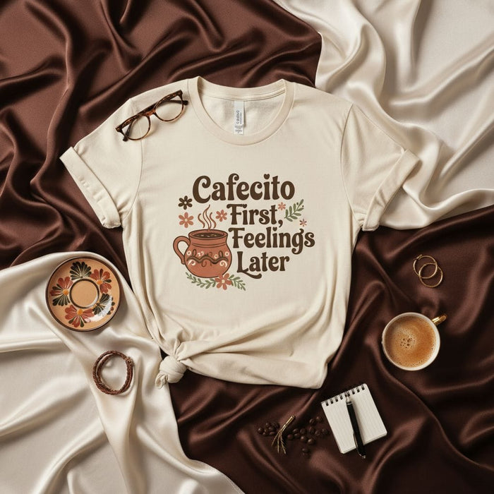 Cafecito First Feelings Later T-Shirt, Cute Retro Coffee Lover Tee, Spanish Spanglish Caffeine Mug Graphic Shirt, Unisex Gift for Coffee Drinkers Mexicada