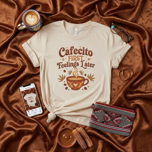 Cafecito First Feelings Later T-Shirt | Funny Coffee Lover Tee | Unisex Aesthetic Latte T-Shirt for Men & Women | Cute Spanish Coffee Shirt Gift Idea Mexicada