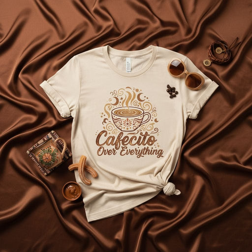 Cafecito Over Everything Shirt, Coffee Lover T-Shirt, Spanish Coffee Tee, Churro and Dulce de Leche Graphic Shirt, Espresso Culture Gift, Unisex Fit Top, Latinx Coffee Drinker Apparel Mexicada