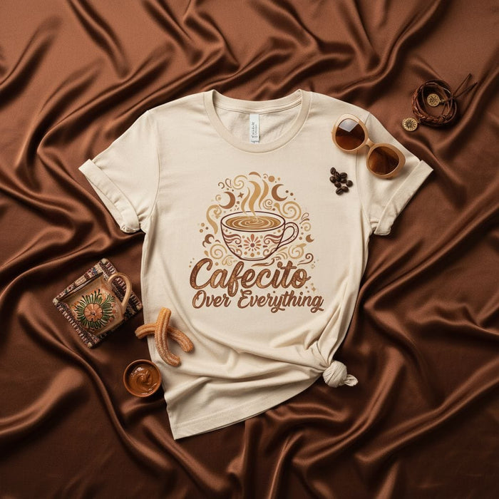 Cafecito Over Everything Shirt, Coffee Lover T-Shirt, Spanish Coffee Tee, Churro and Dulce de Leche Graphic Shirt, Espresso Culture Gift, Unisex Fit Top, Latinx Coffee Drinker Apparel Mexicada