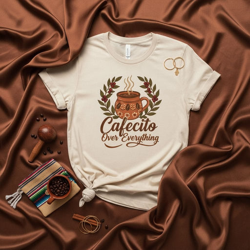 Cafecito Over Everything Shirt, Coffee Lover T-Shirt, Steaming Mug with Floral Wreath Graphic Tee, Unisex Hispanic Heritage Latine Gift T-Shirt, Cute Espresso Drink Shirt for Coffee Enthusiasts Mexicada