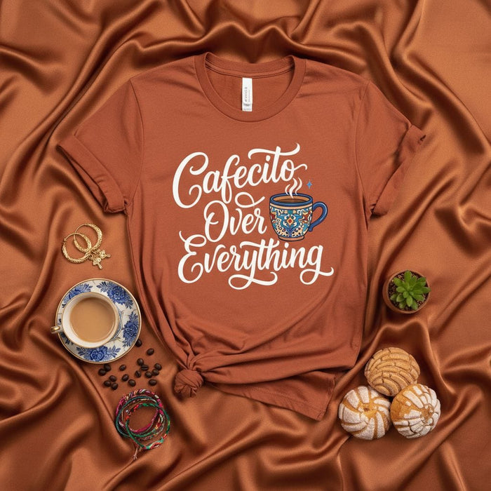 Cafecito Over Everything T-Shirt, Coffee Lover Shirt, Latinx Culture Tee, Concha Bread Gift, Spanish Phrase Top, Cute Graphic T-Shirt, Unisex Shirt for Coffee Enthusiasts Mexicada