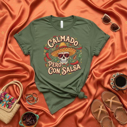 Calmado Pero Con Salsa Graphic Tee Men's Funny Cinco de Mayo Shirt Skeleton Sombrero Chili Pepper Mexican Fiesta Clothing Gift Mexicada