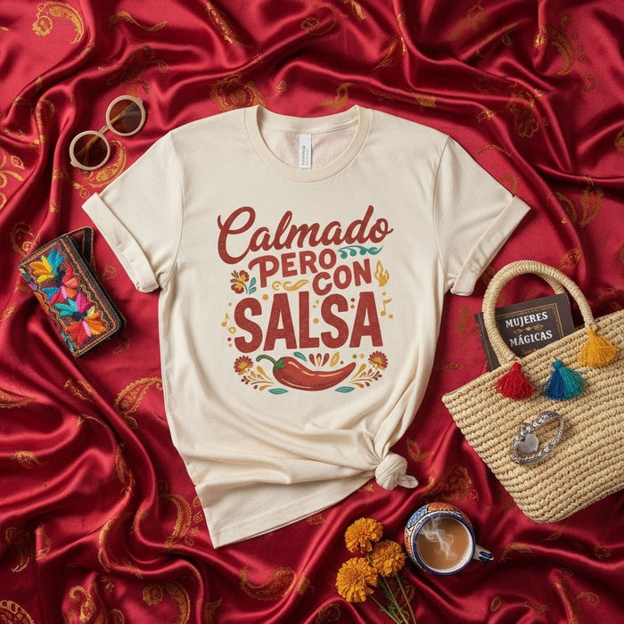 Calmado Pero Con Salsa T-Shirt, Spanish Quote Tee, Fiesta Clothing, Chili Pepper Graphic Tee, Latina Gift, Spicy Food Lover Shirt, Beige Unisex T-Shirt Mexicada