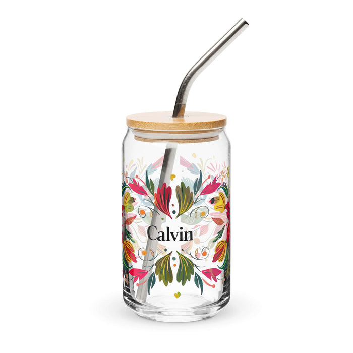 Calvin Exclusive Name Art Piece Can-Shaped Glass Home Office Work Mexican Spanish Pride Gift Cup One-Of-A-Kind Calligraphy Glass | C14 Mexicada 16 oz With Lid & Straw