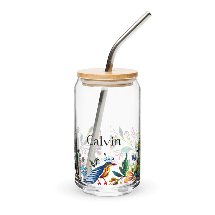 Calvin Exclusive Name Art Piece Can-Shaped Glass Home Office Work Mexican Spanish Pride Gift Cup One-Of-A-Kind Calligraphy Glass | C3 Mexicada 16 oz With Lid & Straw