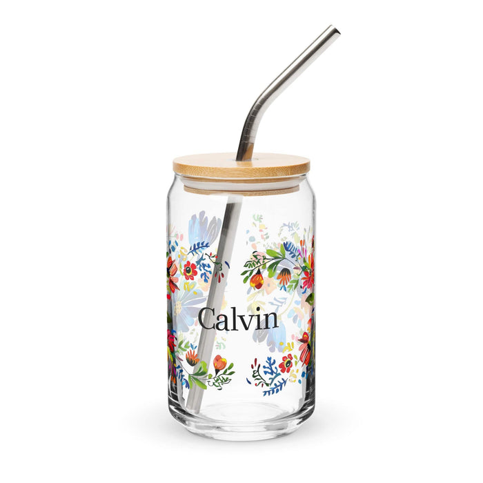 Calvin Exclusive Name Art Piece Can-Shaped Glass Home Office Work Mexican Spanish Pride Gift Cup One-Of-A-Kind Calligraphy Glass | C7 Mexicada 16 oz With Lid & Straw