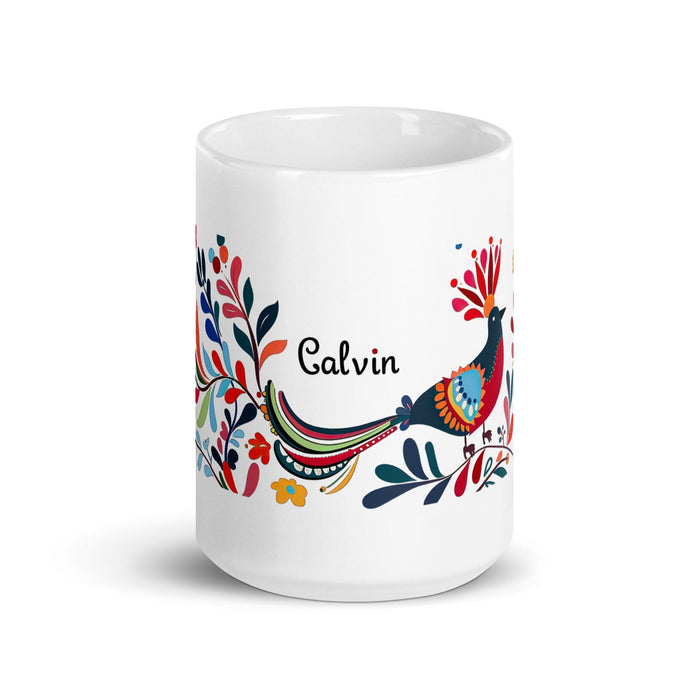 Calvin Exclusive Name Art Piece Home Office Work Coffee Mug Mexican Spanish Pride Gift Cup One-Of-A-Kind Calligraphy White Glossy Mug | C11 Mexicada