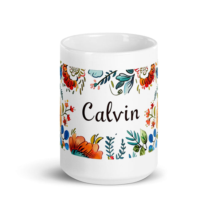 Calvin Exclusive Name Art Piece Home Office Work Coffee Mug Mexican Spanish Pride Gift Cup One-Of-A-Kind Calligraphy White Glossy Mug | C15 Mexicada