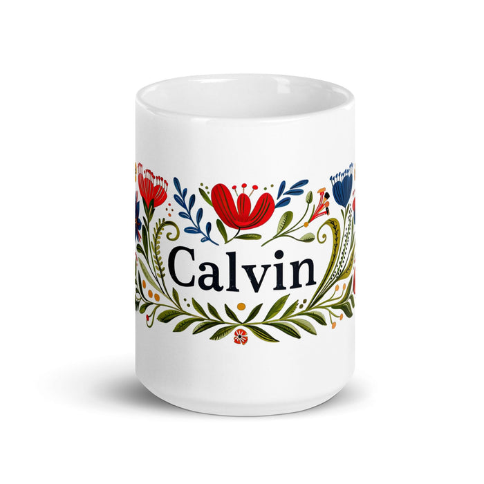 Calvin Exclusive Name Art Piece Home Office Work Coffee Mug Mexican Spanish Pride Gift Cup One-Of-A-Kind Calligraphy White Glossy Mug | C16 Mexicada