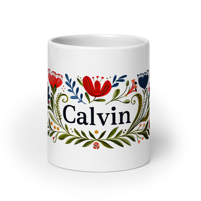 Calvin Exclusive Name Art Piece Home Office Work Coffee Mug Mexican Spanish Pride Gift Cup One-Of-A-Kind Calligraphy White Glossy Mug | C16 Mexicada