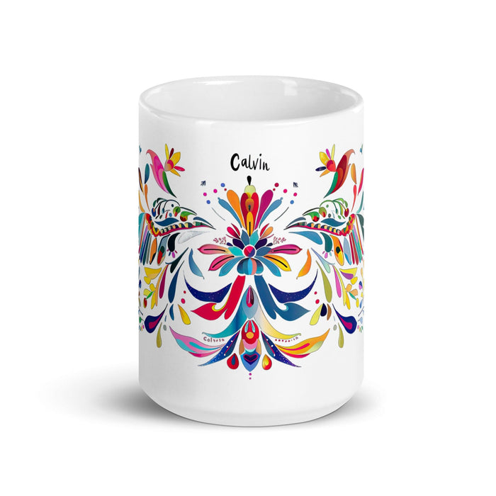 Calvin Exclusive Name Art Piece Home Office Work Coffee Mug Mexican Spanish Pride Gift Cup One-Of-A-Kind Calligraphy White Glossy Mug | C2 Mexicada