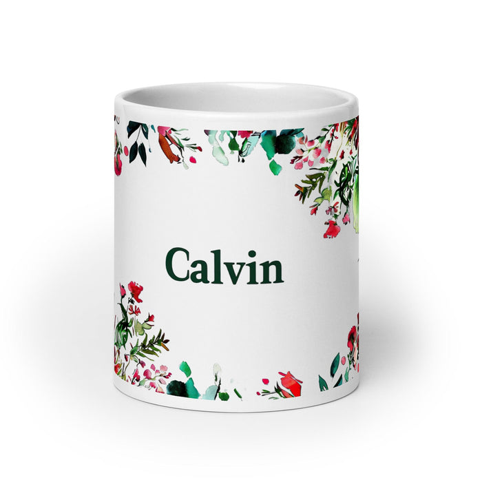 Calvin Exclusive Name Art Piece Home Office Work Coffee Mug Mexican Spanish Pride Gift Cup One-Of-A-Kind Calligraphy White Glossy Mug | C21 Mexicada