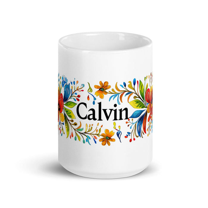 Calvin Exclusive Name Art Piece Home Office Work Coffee Mug Mexican Spanish Pride Gift Cup One-Of-A-Kind Calligraphy White Glossy Mug | C6 Mexicada