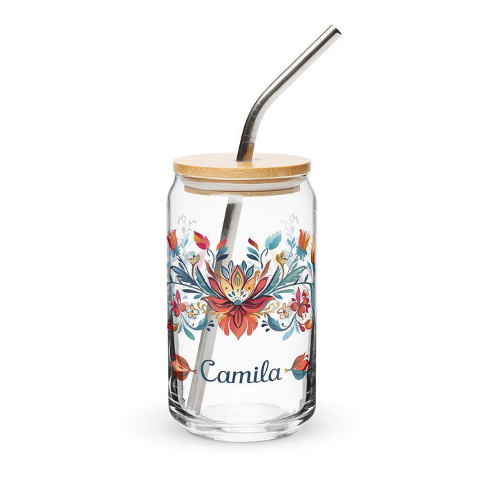 Camila Exclusive Name Art Piece Can-Shaped Glass Home Office Work Mexican Spanish Pride Gift Cup One-Of-A-Kind Calligraphy Glass | C17 Mexicada 16 oz With Lid & Straw