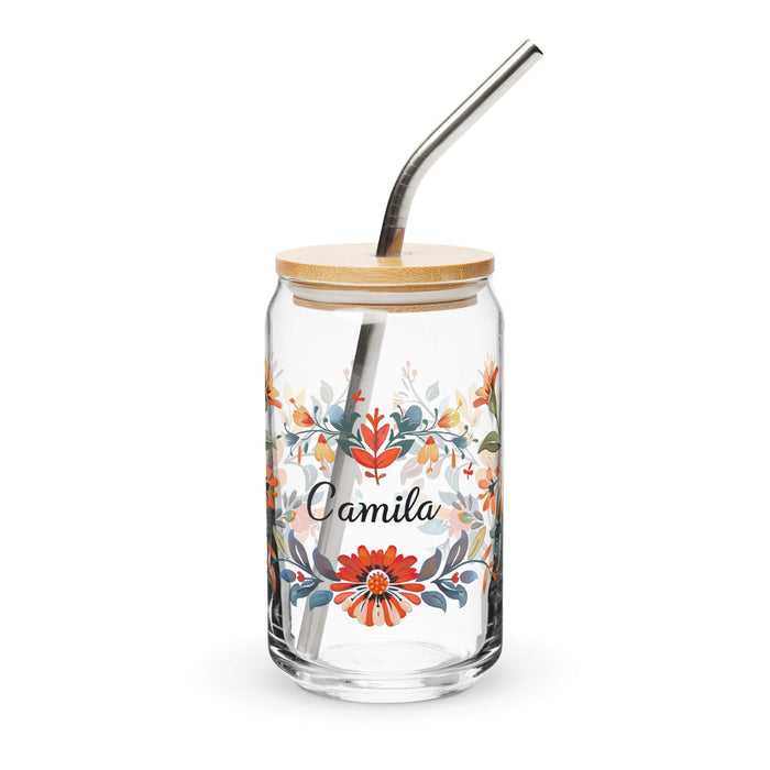 Camila Exclusive Name Art Piece Can-Shaped Glass Home Office Work Mexican Spanish Pride Gift Cup One-Of-A-Kind Calligraphy Glass | C3 Mexicada 16 oz With Lid & Straw