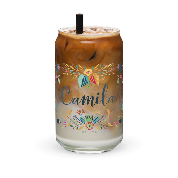 Camila Exclusive Name Art Piece Can-Shaped Glass Home Office Work Mexican Spanish Pride Gift Cup One-Of-A-Kind Calligraphy Glass | C6 Mexicada