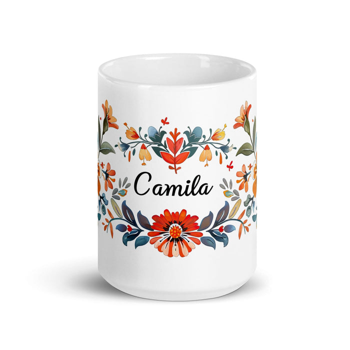 Camila Exclusive Name Art Piece Home Office Work Coffee Mug Mexican Spanish Pride Gift Cup One-Of-A-Kind Calligraphy White Glossy Mug | C3 Mexicada