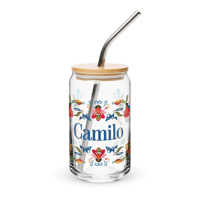 Camilo Exclusive Name Art Piece Can-Shaped Glass Home Office Work Mexican Spanish Pride Gift Cup One-Of-A-Kind Calligraphy Glass | C7 Mexicada 16 oz With Lid & Straw