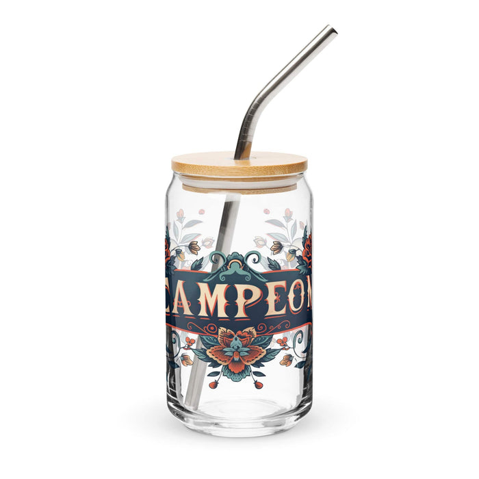 Campeón Exclusive Art Piece Can-Shaped Glass Home Office Work Mexican Spanish Pride Gift Cup One-Of-A-Kind Calligraphy Glass | C11 Mexicada 16 oz With Lid & Straw