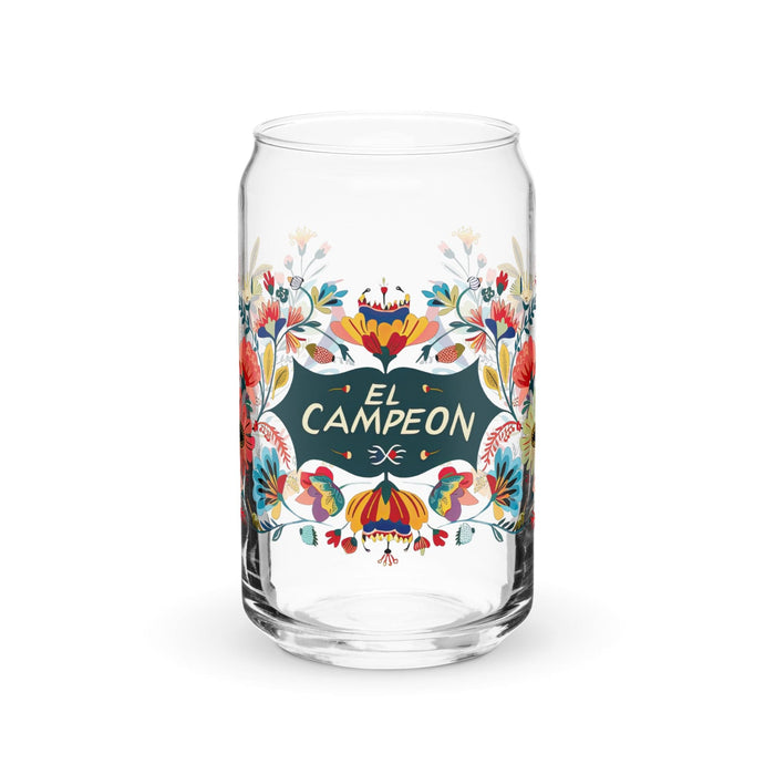 Campeón Exclusive Art Piece Can-Shaped Glass Home Office Work Mexican Spanish Pride Gift Cup One-Of-A-Kind Calligraphy Glass | C8 Mexicada 16 oz (No Lid No Straw)