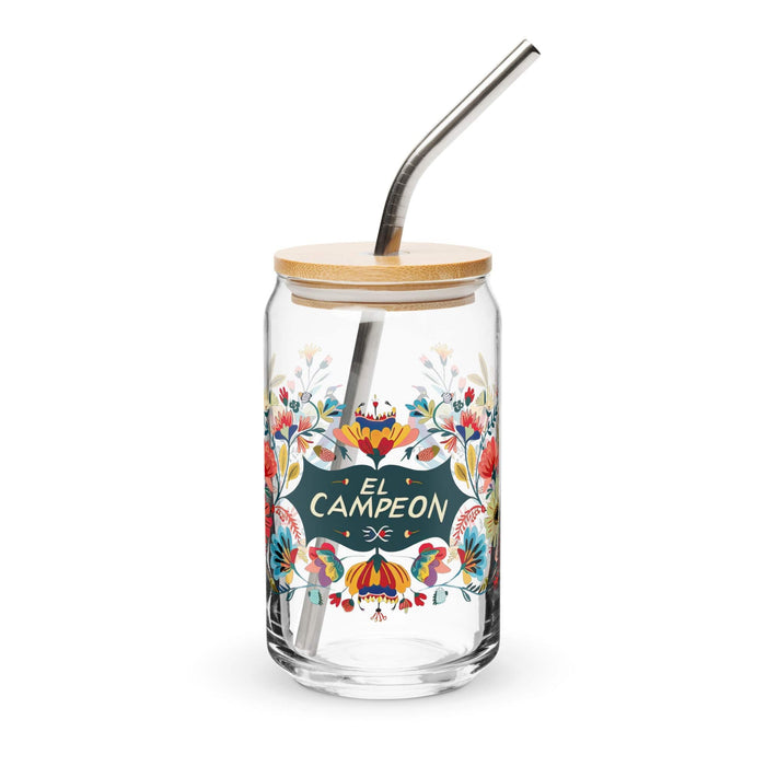 Campeón Exclusive Art Piece Can-Shaped Glass Home Office Work Mexican Spanish Pride Gift Cup One-Of-A-Kind Calligraphy Glass | C8 Mexicada 16 oz With Lid & Straw