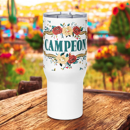 Campeón Exclusive Art Piece Travel Mug With Handle For Water, Iced Tee Or Coffee | Funny Cute Gift Idea Home Office Work | Mexican Spanish Pride | C1 Mexicada 25 oz