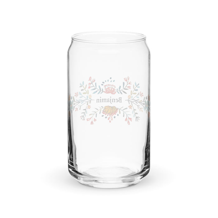 Pieza de arte exclusiva con nombre de Benjamín, vaso de vidrio con forma de lata, regalo para el hogar, la oficina, el trabajo, el orgullo mexicano y español, vaso de vidrio con caligrafía única en su tipo | B11