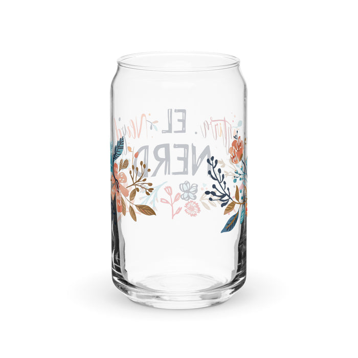 Pieza de arte exclusiva de El Nerd, vaso de vidrio con forma de lata para el hogar, la oficina, el trabajo, el orgullo mexicano, el regalo, vaso de vidrio con caligrafía única en su tipo | E5