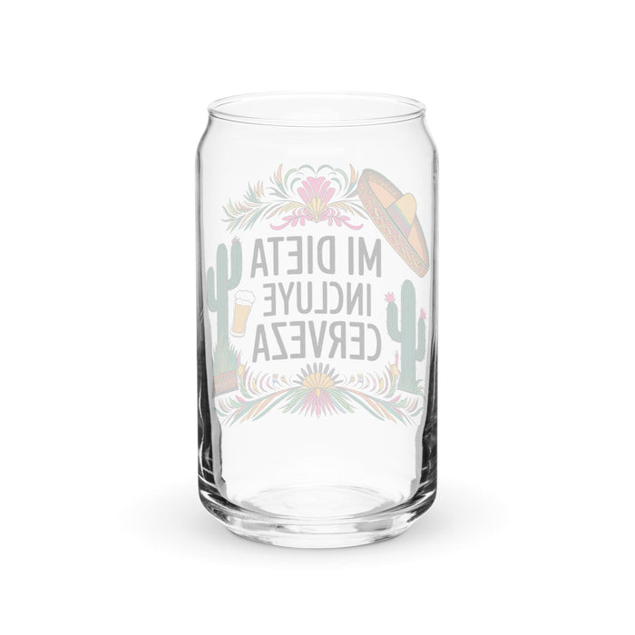 Mi Dieta Incluye Cerveza Pieza de Arte Exclusiva en Forma de Lata de Vidrio Hogar Oficina Trabajo Orgullo Español Mexicano Regalo Taza Vaso Caligráfico Único en su Tipo | M32