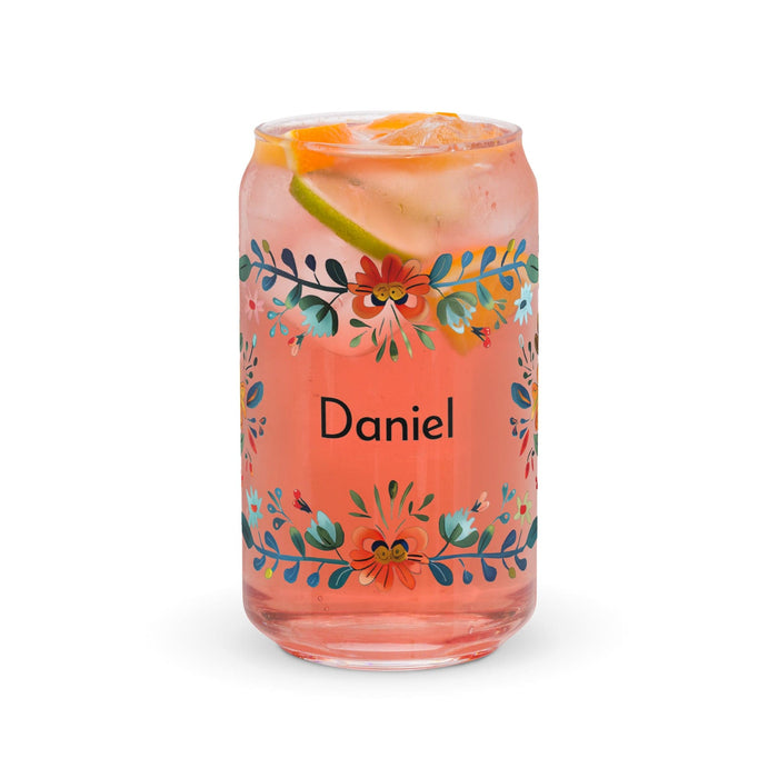 Pieza de arte exclusiva con nombre de Daniel, vaso de vidrio con forma de lata, regalo para el hogar, la oficina, el trabajo, el orgullo mexicano y español, vaso de vidrio con caligrafía única | D19