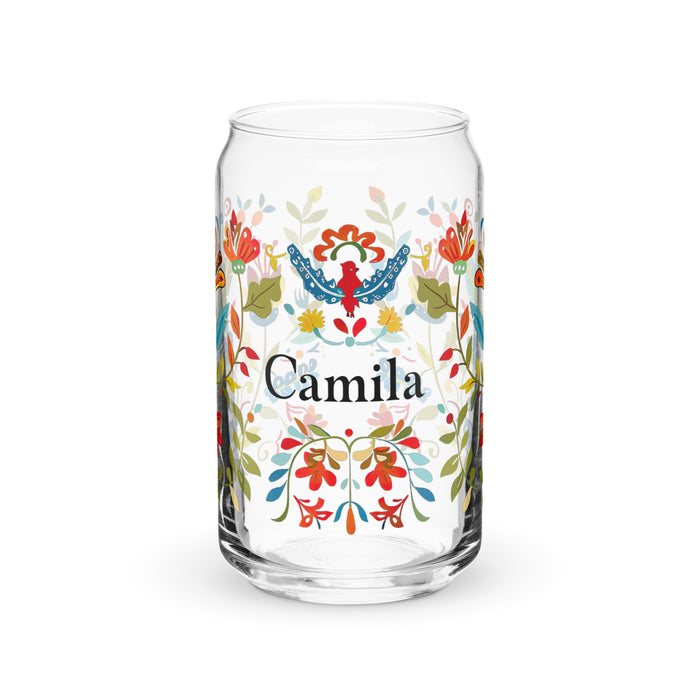 Camila Exclusive Name Art Piece Can-Shaped Glass Home Office Work Mexican Spanish Pride Gift Cup One-Of-A-Kind Calligraphy Glass | C24