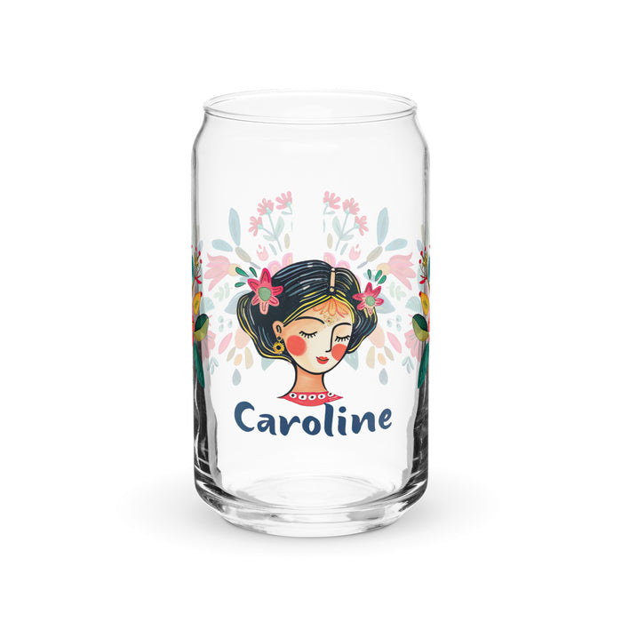 Caroline Exclusive Name Art Piece Can-Shaped Glass Home Office Work Mexican Spanish Pride Gift Cup One-Of-A-Kind Calligraphy Glass | C14