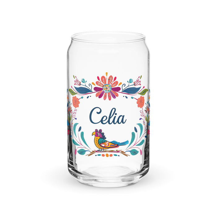 Celia Exclusive Name Art Piece Can-Shaped Glass Home Office Work Mexican Spanish Pride Gift Cup One-Of-A-Kind Calligraphy Glass | C2