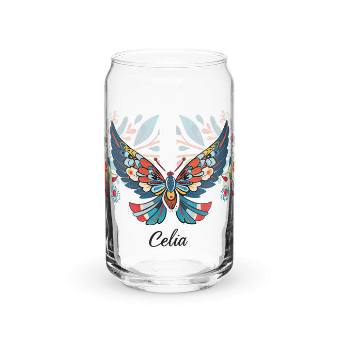 Celia Exclusive Name Art Piece Can-Shaped Glass Home Office Work Mexican Spanish Pride Gift Cup One-Of-A-Kind Calligraphy Glass | C12